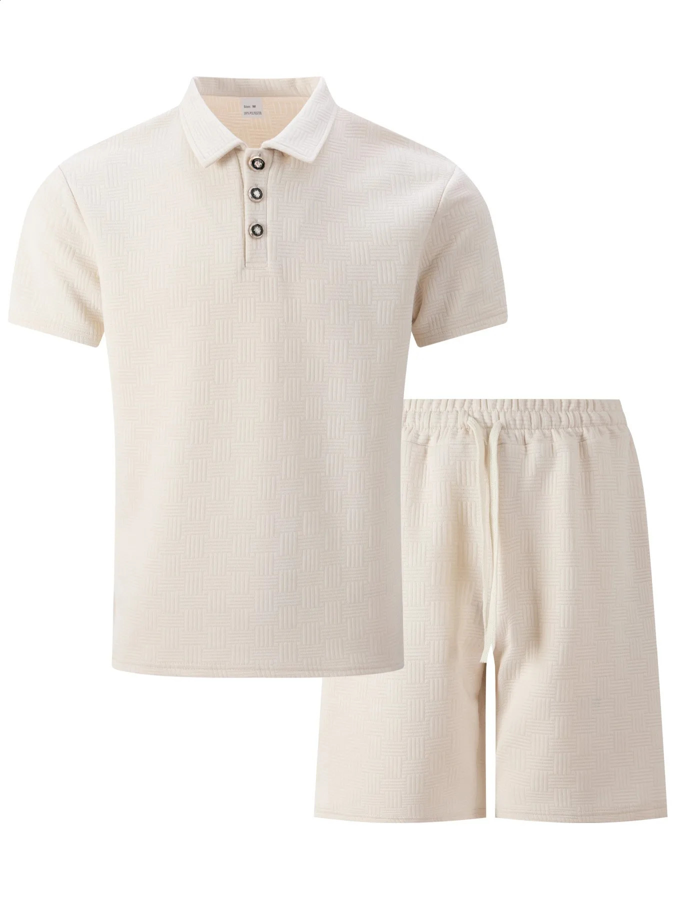 Summer mens solid color lace Corduroy short sleeved lapel top jacquard polo shirt brushed shorts mens clothing 250410