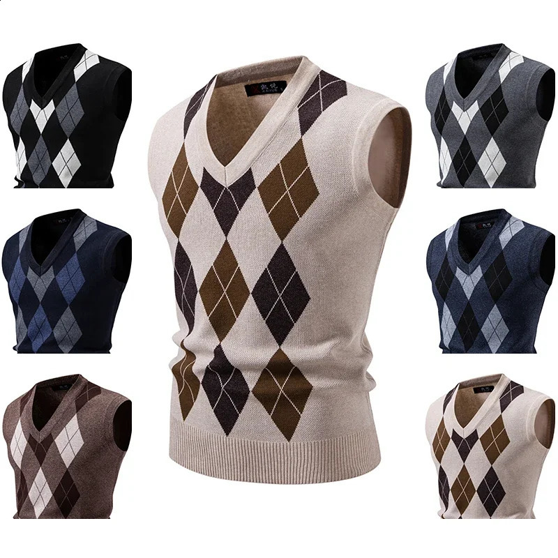 Autumn and winter knitted vest Vneck diamond grid drag sweater mens 250411Z