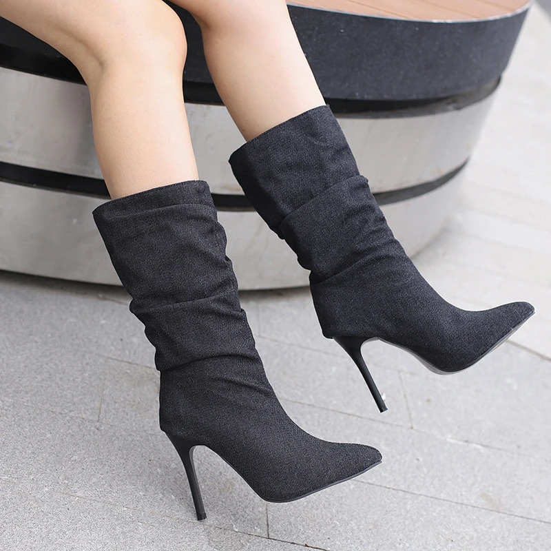 Women Denim Cowboy Boots High Heels Winter Warm Shoes Extra Big Size 45 47 48 Mid Calf Boots Stiletto 251106