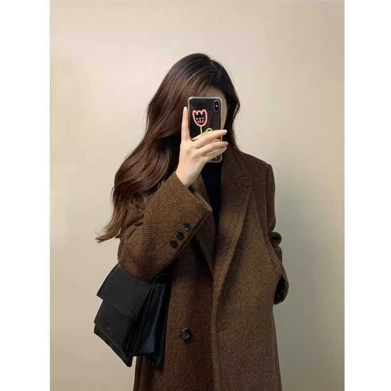 Cashmere coat for women in autumn and winter stylish mid-length thick coat with added style tweed texture