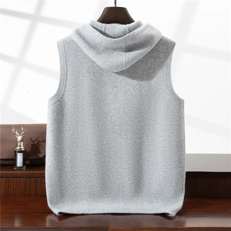 Autumn Winter Thickened Warm 100 Pure Wool Vest Mens with Hood Zipper Cardigan Casual Pocket Sweater Jacket 251104