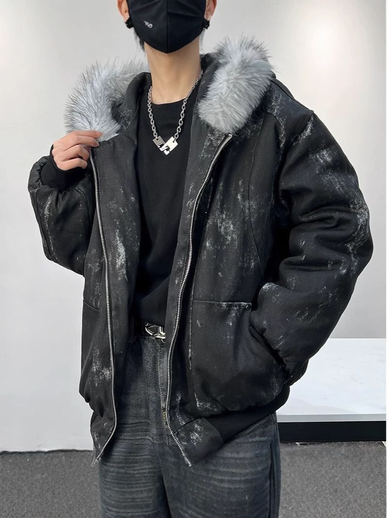 Men's Faux Fur Zip Jacket Y2k Collar High Street Fashion Design Pullover Harajuku Casual American Warm Thicken Cardigan Coat Parkas