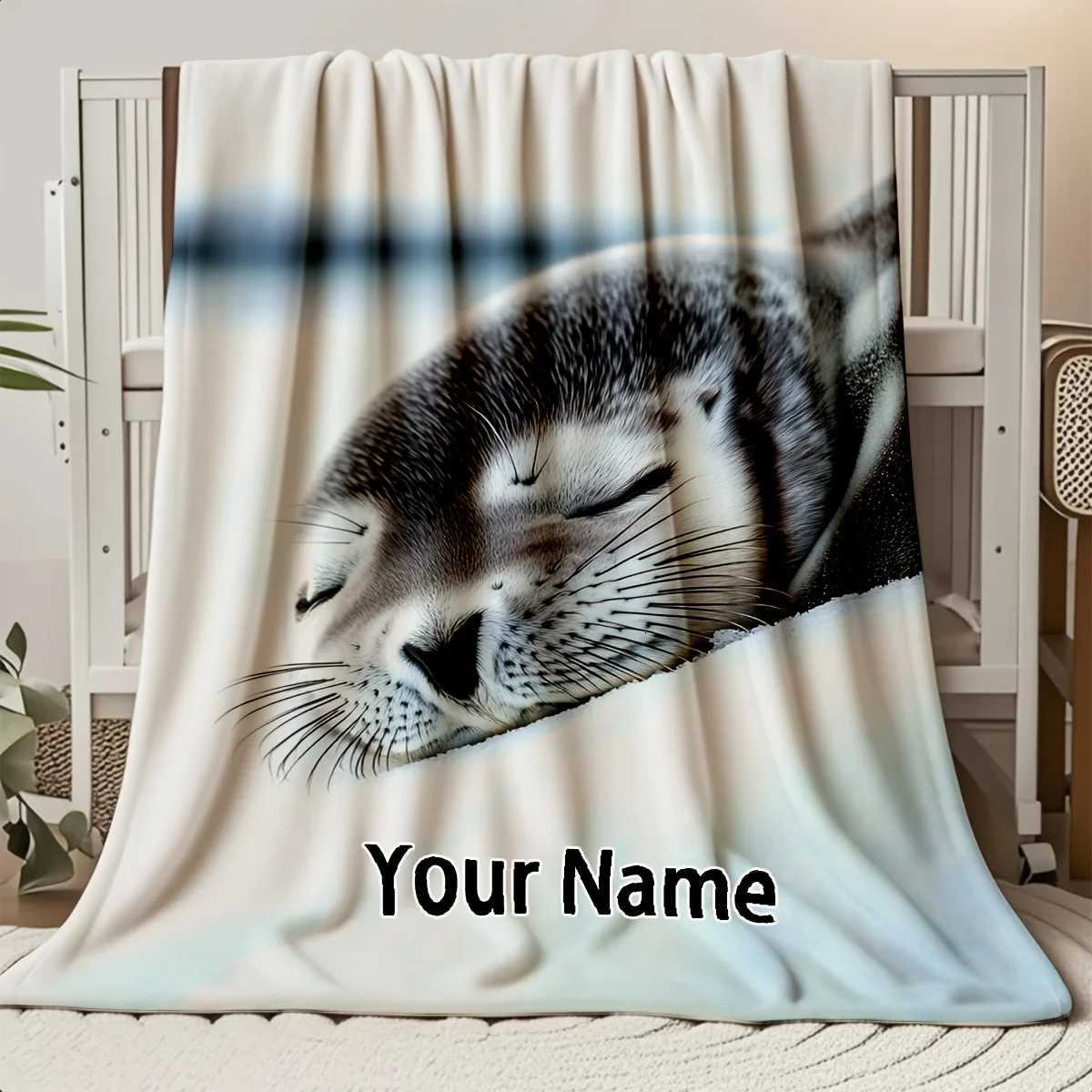 Customized 1pc blanket with seal snow pattern and flannel blanket with customizable text available in multiple C251111