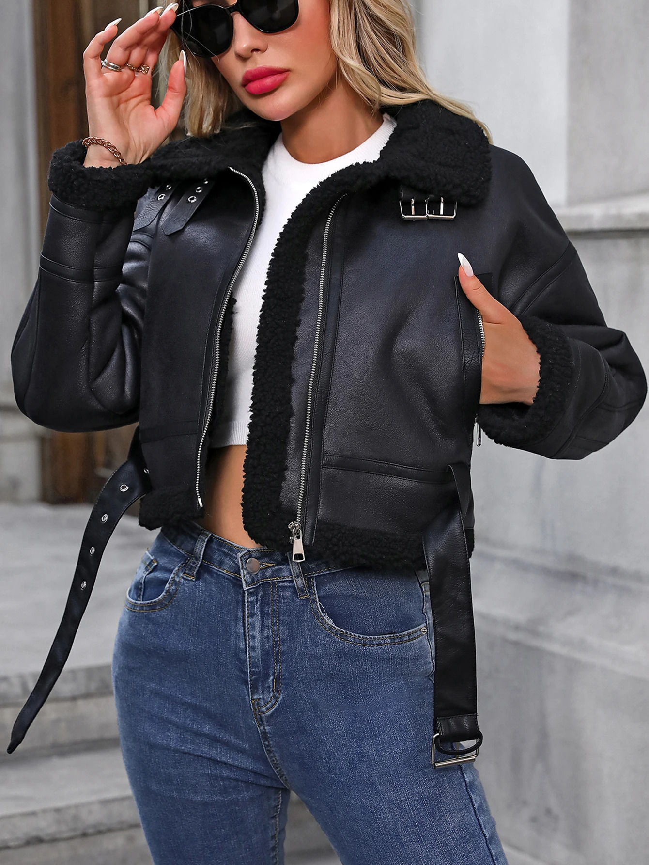 Fitaylor Autumn Winter Women Faux Lambswool Leather Jacket High Street Leather Outwear Casual Lady Lapel Zipper Short Coat 251105