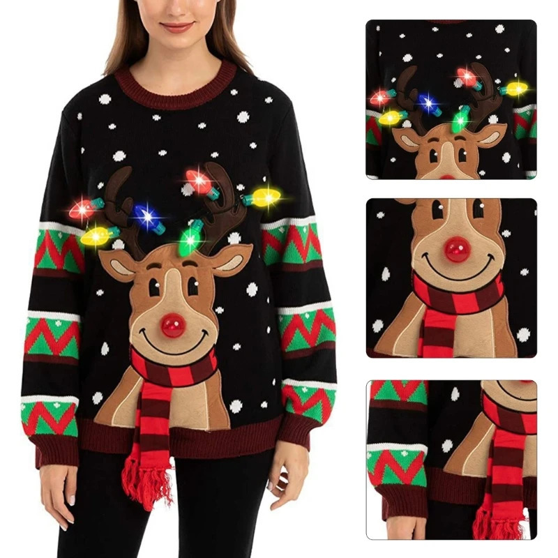 Women LED Light Up Holiday Sweater Christmas Cartoon Reindeer Knit Pullover Top 251106