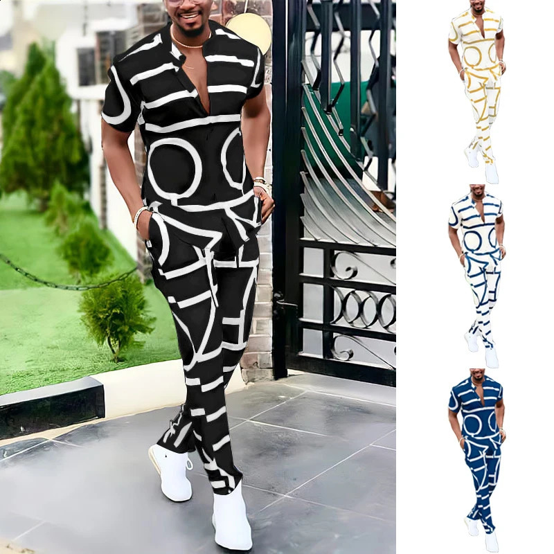 Leisure summer mens polo track and field suit 2-piece track and field suit set oversized short sleeved shirt and pants set beach T-shirt Hawaii 250410