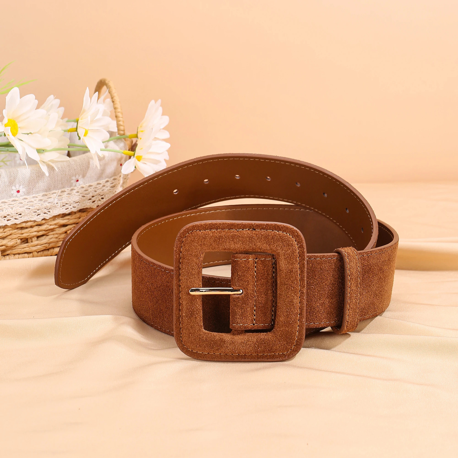 Fashion 48 width womens belt cowhide Suede Stitched Edge Self-Covered Buckle Belt suitable for coat decoration 251110