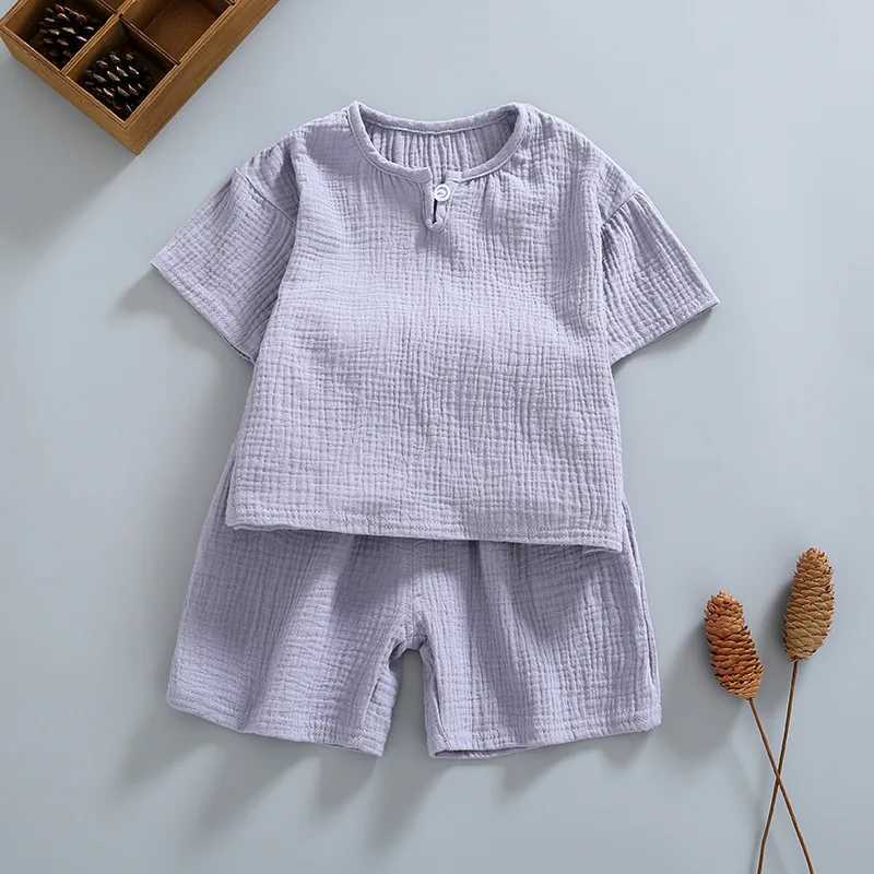Summer Clothing Sets Organic Double Gauze Cotton Home Wear Kids Clothes Summer Kids Pajama Short Sleeve Shorts Suit WhiteXJ250410