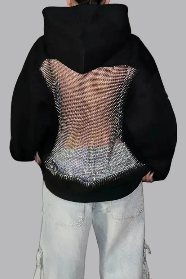 Tassel Mesh Rhinestone Hoodie Y2K Womens Sweet Sexy Transparent Backless Oversized Pullover Fashion Casual Jacket 251106