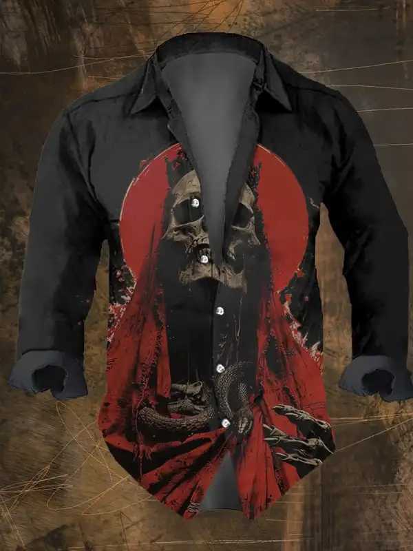 Mens Vintage Dark Skull Prints Long Sleeve Shirt-Halloween Skull Prints Black Tops Regular FitLapel Collar Polyester Blend K251110