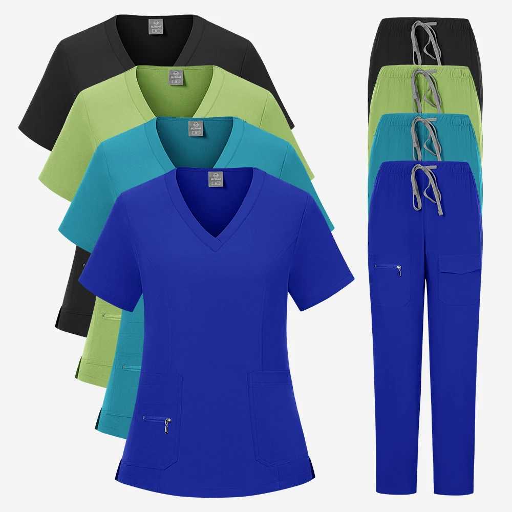 Workwear Nursing Women Scrubs Pants Elastic Working Uniform Women Short Slve Neck Tops Dental Hospital Scrubs Suits X2504108