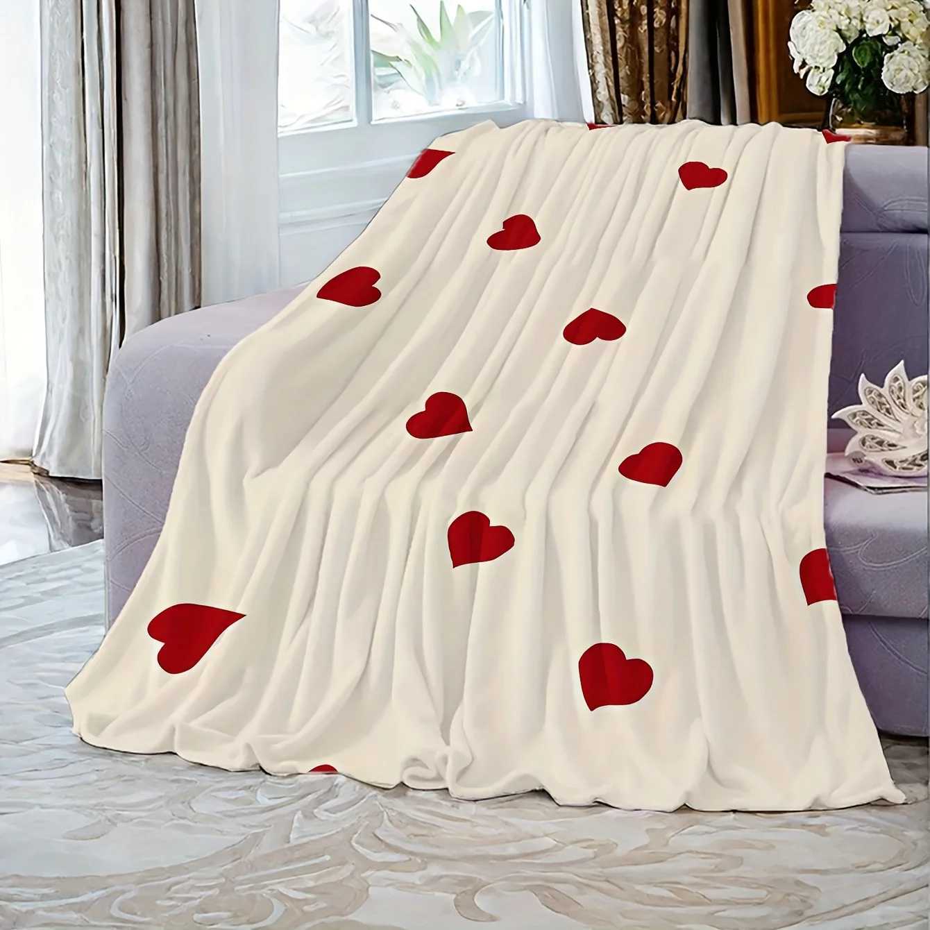 Cozy Heart Flannel Blanket Red Love Motif Beige Background Soft Plush Throw Sofa Couch Decor Romantic Warm Cozy Lover Gift C251111