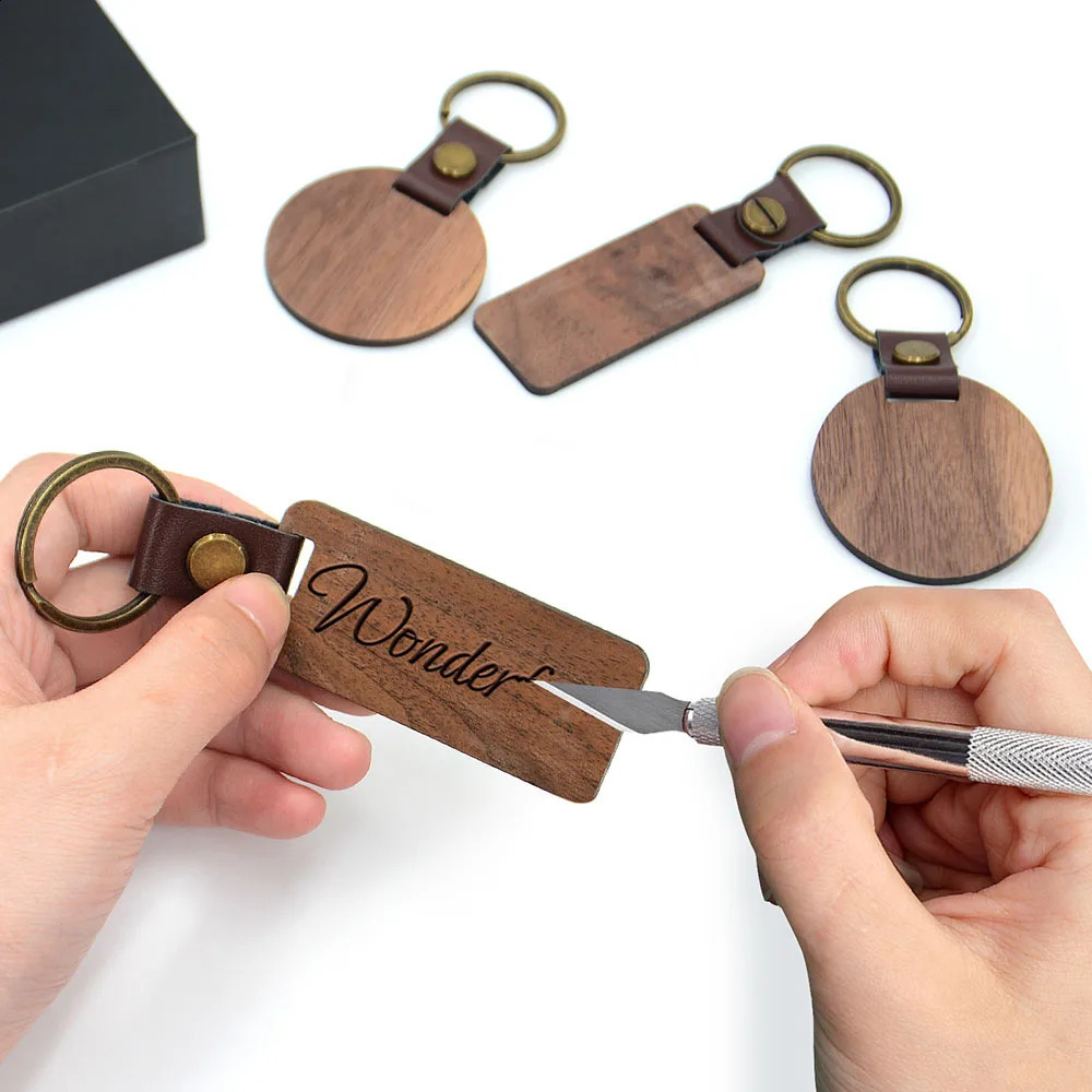 12 blank wooden PU leather keychain laser engraved DIY car decoration gift 250410
