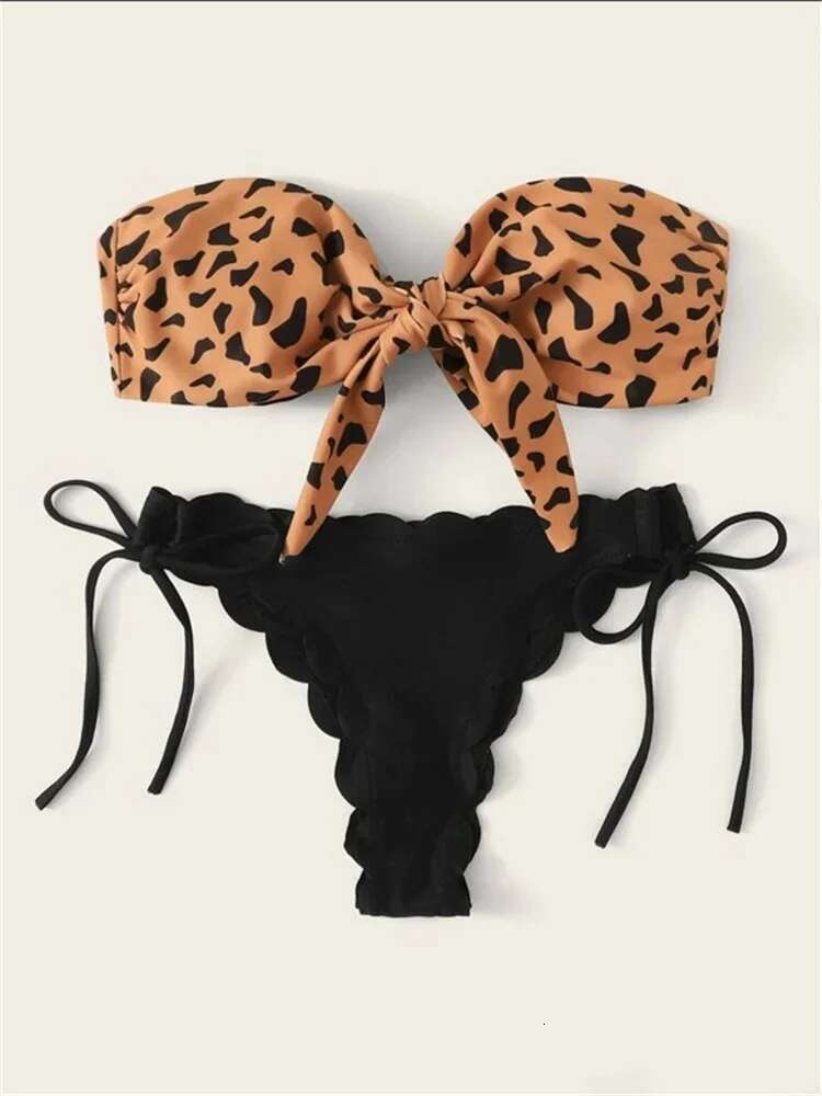Beach Bikini 2024 Woman Sexy Front Lace Tie Bandeau Leopard Swimsuit Female Push Up Ruffled Bow Bathing Suit Thong Swimwear
