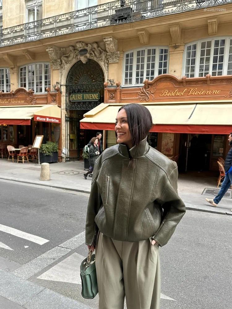 Women's Jackets Army Green Leather Pleated Jacket Vintage Casual Long Sleeved Elastic Waist Zipper Pocket Loose Wear Autumn Daily Coat 2025