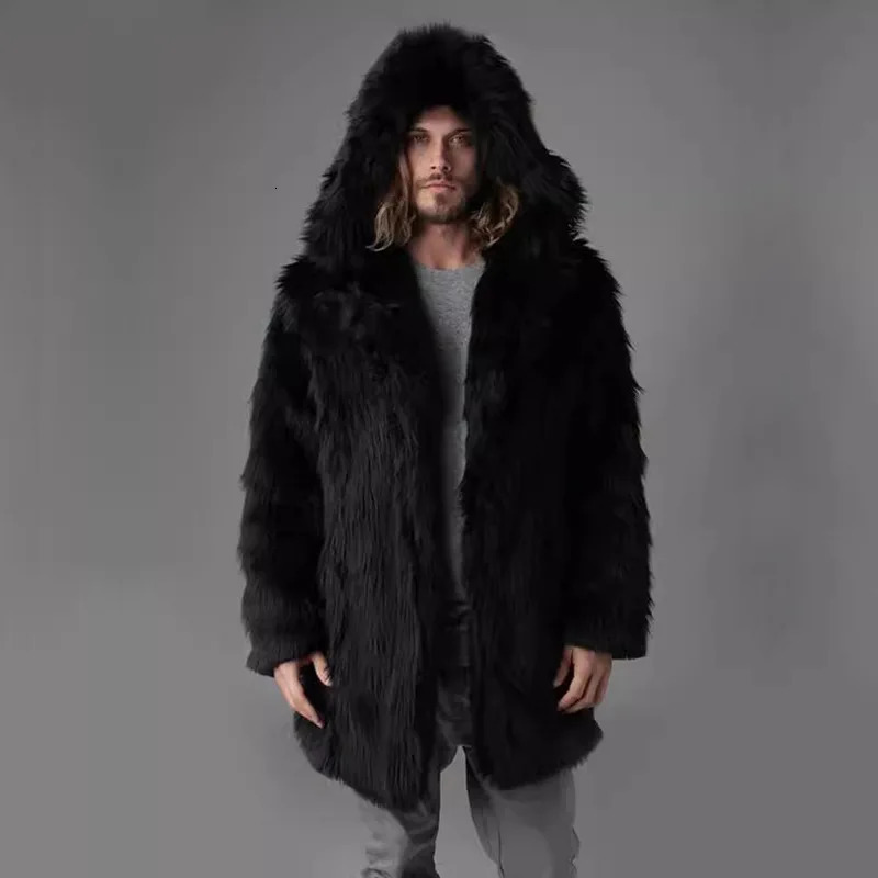 Men Hooded Faux Fox Fur Coats Solid Overcoats Mid Lenth Long Sleeves Open Stitch Loose Fit Casual Streetwear 2025 Autumn Winter 251105