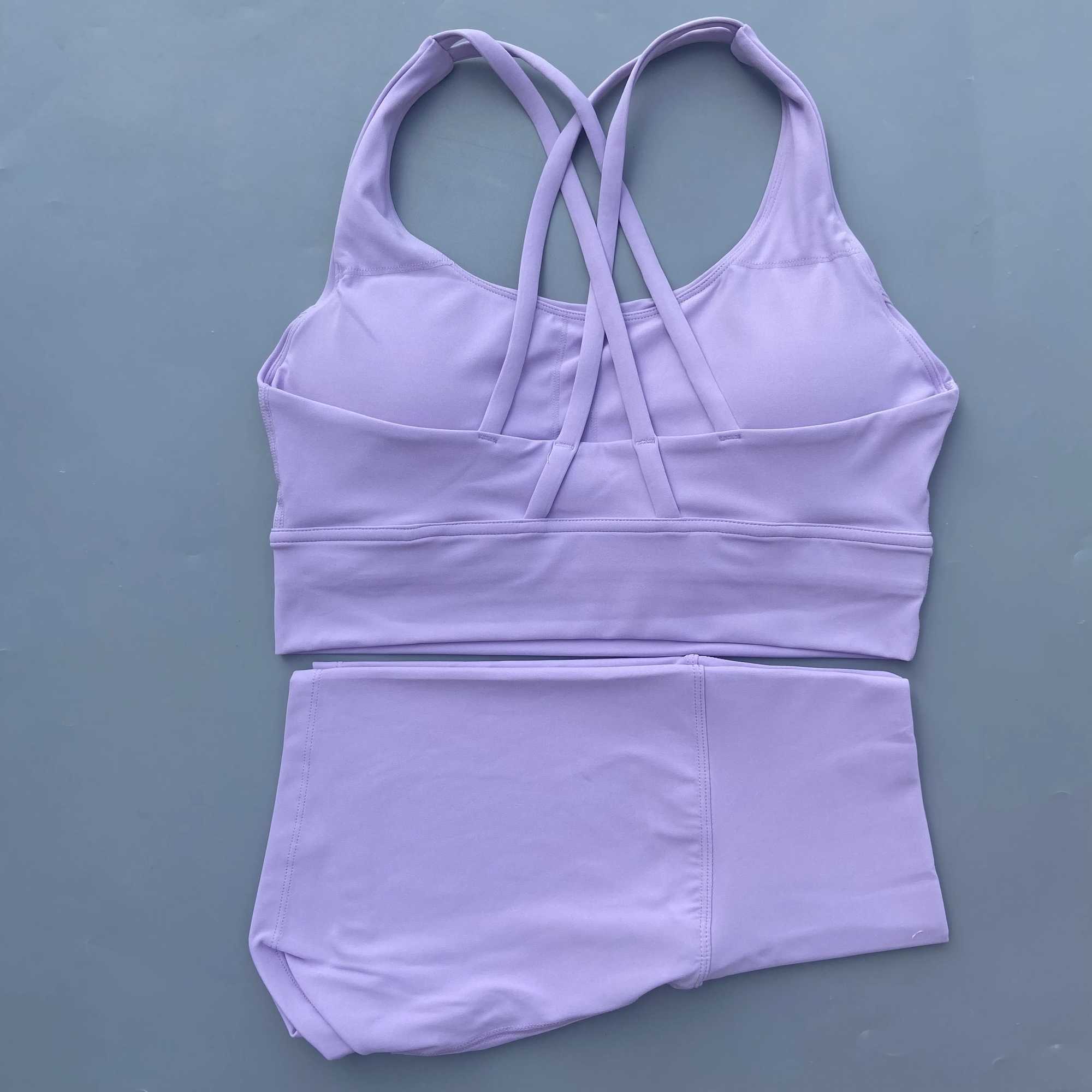 Solid color gym bicycle yoga set short leg+cross sports bra track and field suit womens gym set comprehensive training joggingW250411