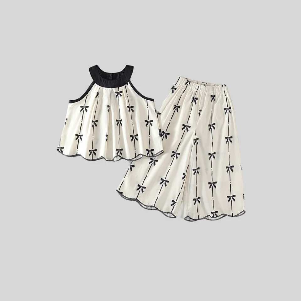 Summer 2025 New Girl Pure Cotton Two Piece Set - Korean Sleeve Bow Sleeveless Strap Top and Wide Leg Loose PantsXJ250410
