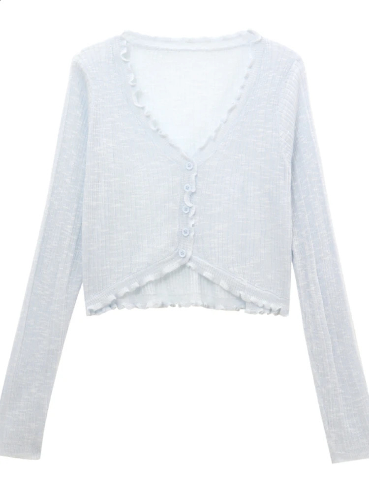 Lace border button long sleeved crop top womens short open front rib knitted cardigan 250407