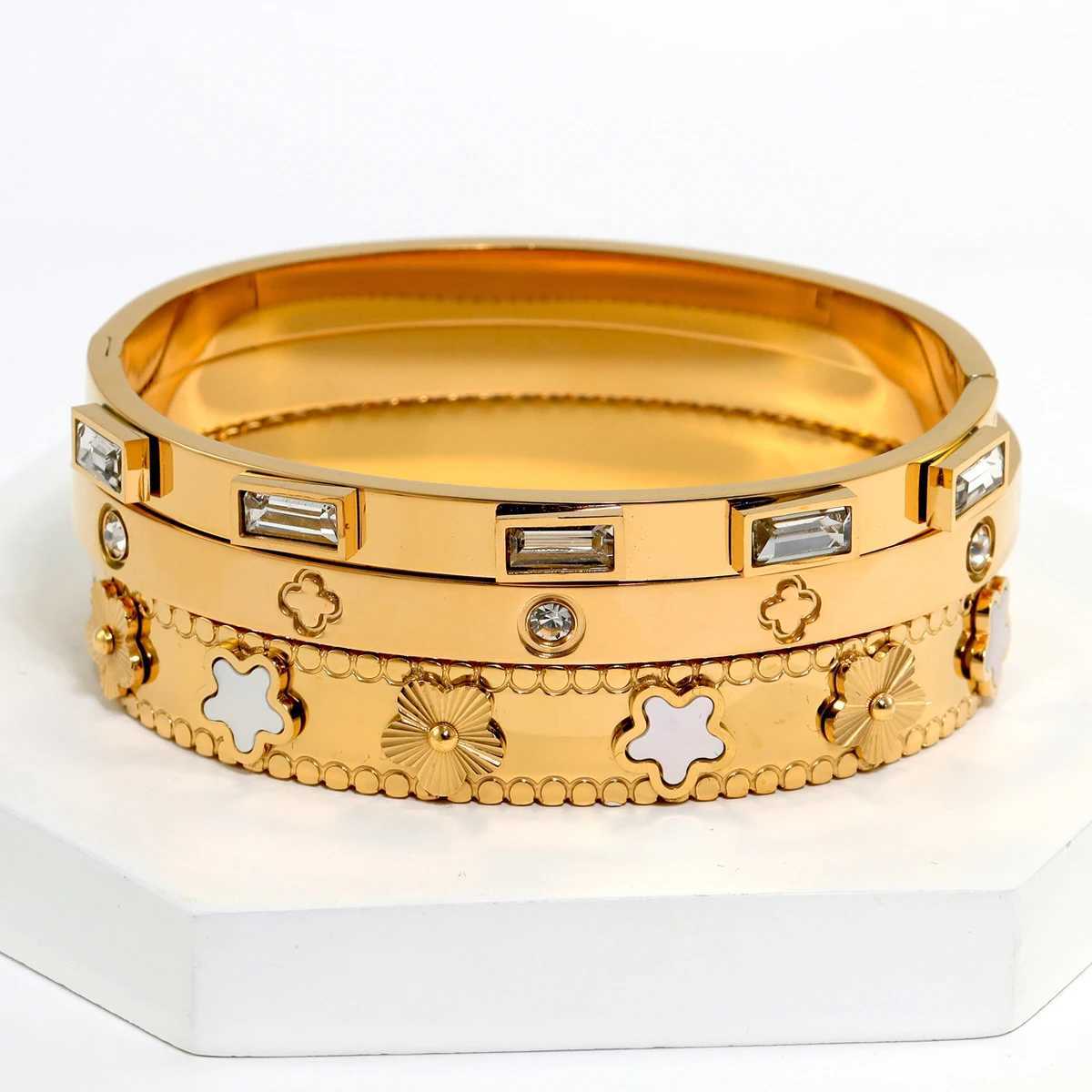 3pcs/Set European And American Fashion Stainless Steel Bracelet For Women With Flower Design Jewelry Bangle SetsC250410
