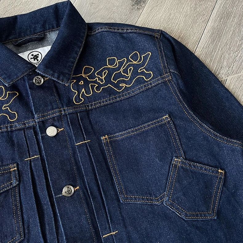 blue embroidered denim jacket and pants set casual oversized streetwear trend matching track 250401