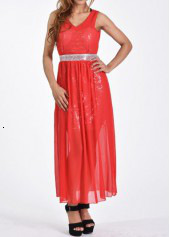 2025 women's V-neck backless waist mesh evening dress, long skirt