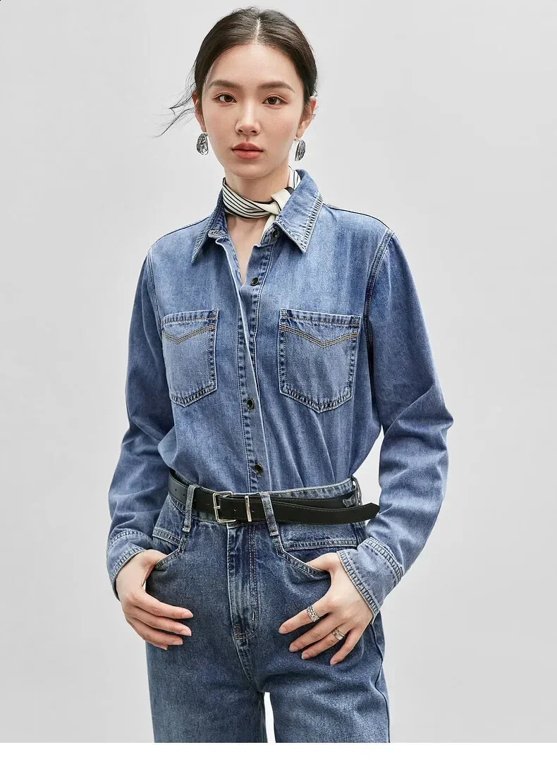 SENTUBILA Retro Cotton Denim Womens Shirt Spring 2025 Wash Collar Single Chest Comfortable Casual W43C56147 250411e