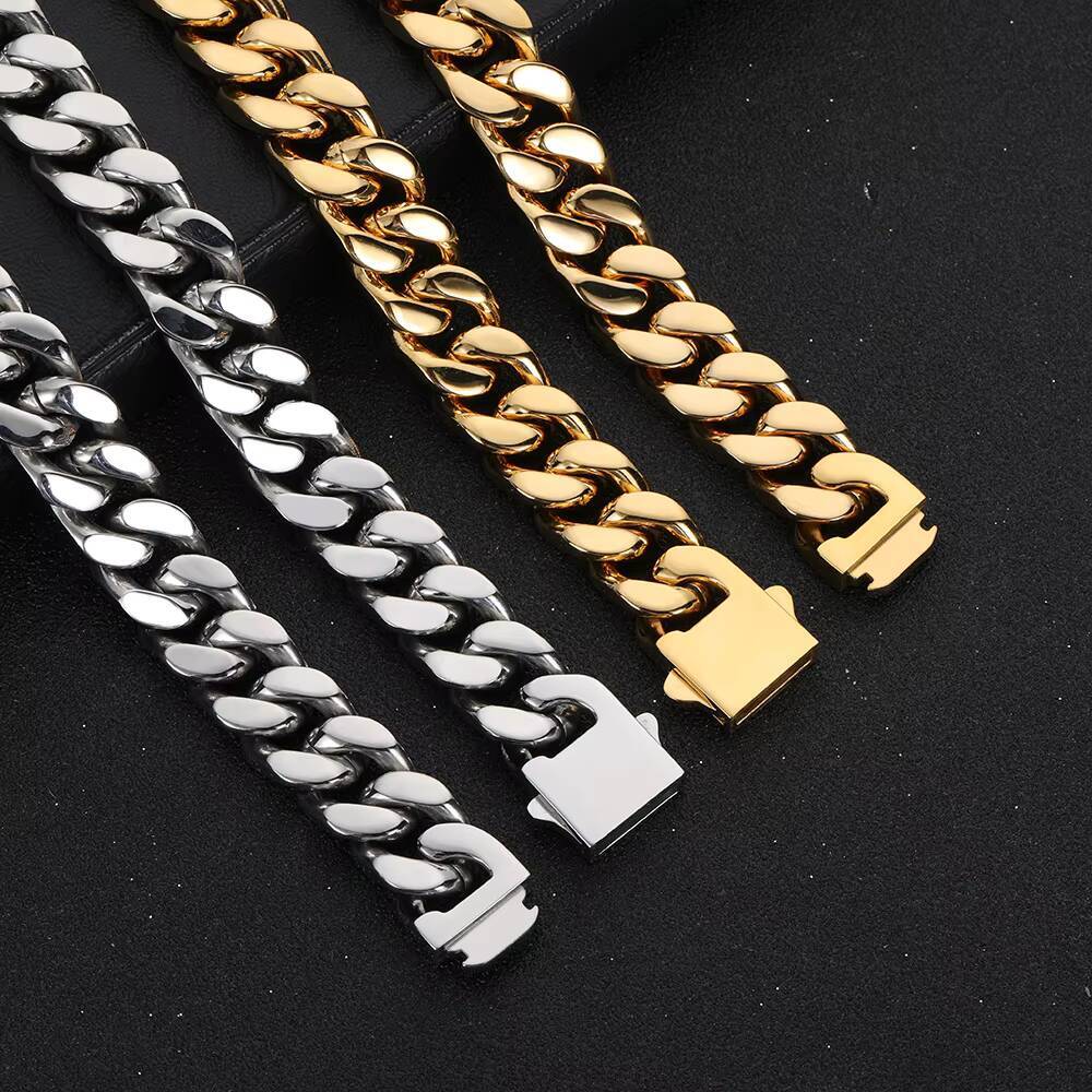 Hip Hop High Polished Stainless Steel Four Sided Grinding Cuban Chain Titanium Steel Spring Clasp Necklaces Fine Jewelry