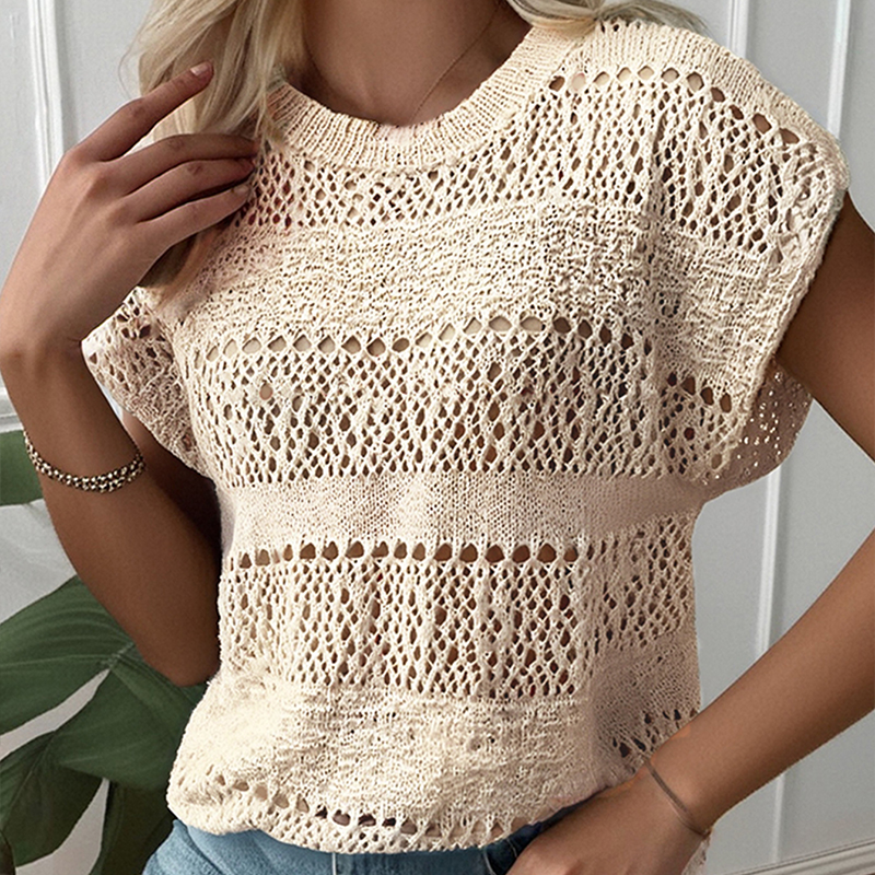 Women's solid color casual vacation sweater top, hollow texture round neck design open collar short sleeve women's shirt, daily wear loose a