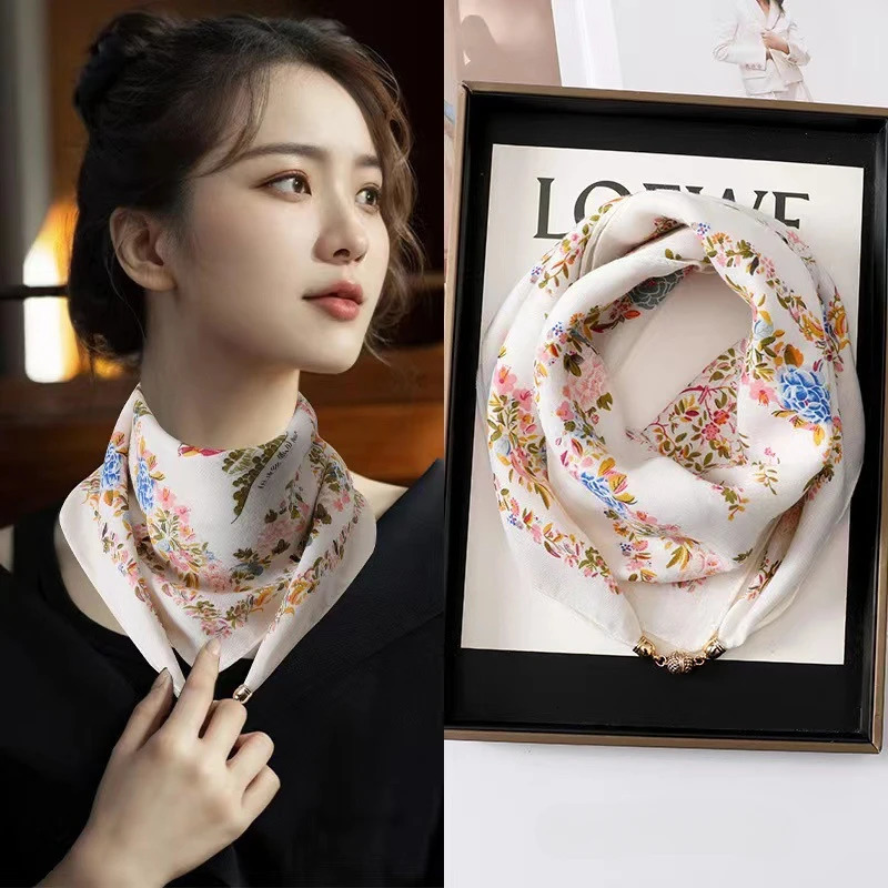 Magnetic Buckle Print Silk Scarf for Women Autumn and Winter Fashion Soft Satin Neckerchief Highend Neck 251031