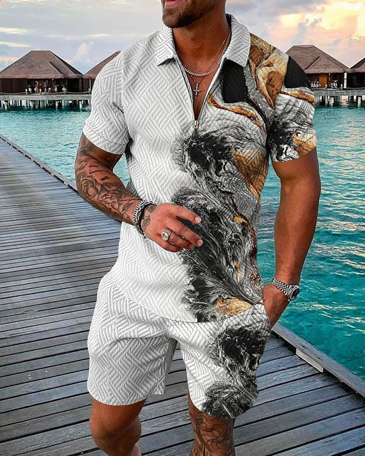 Summer trend printed mens track set casual zipper collar polo shirtshorts 2-piece set color printed streetwear mens clothing 250410