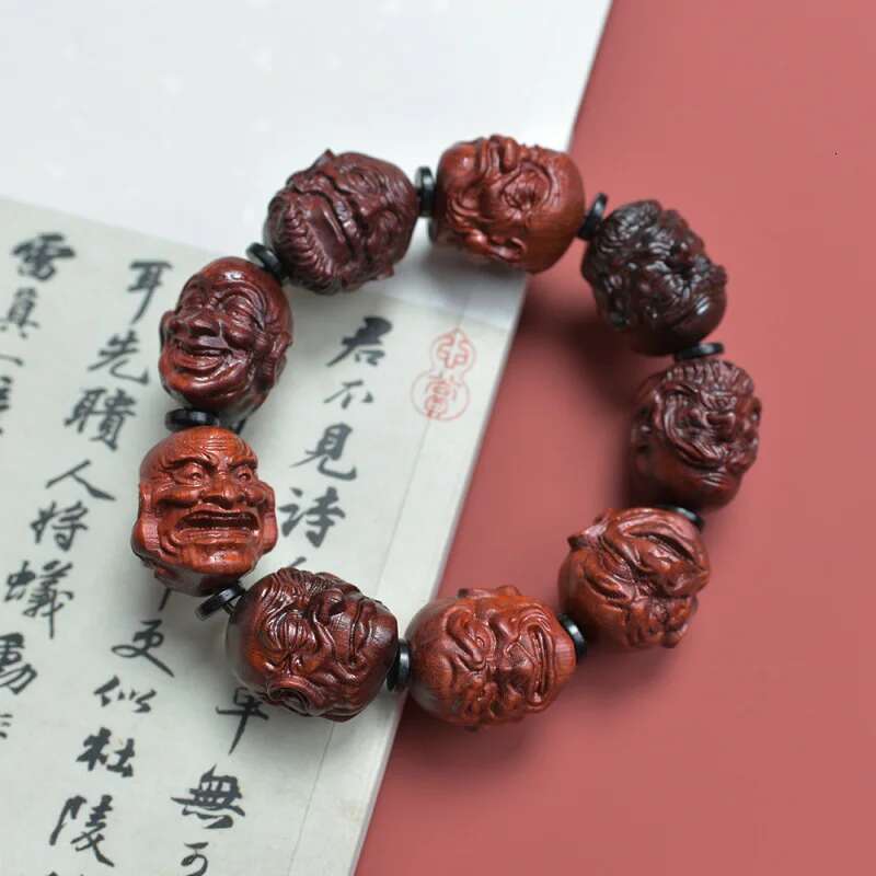 Natural Indian Small Leaf Rosewood Carving Woven Bracelet Holding Buddha Beads String Men and Women Plate Retro