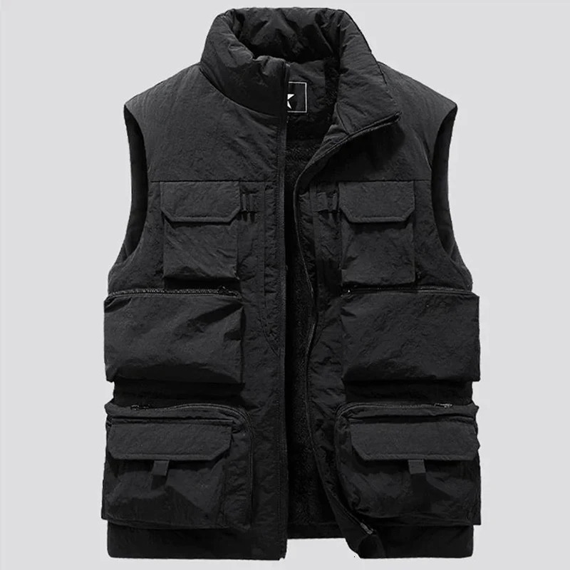 Fashion Men Cargo Vest Winter Thick Fleece Warm Sleeveless Sport Jacket Solid Color Tactical Coat Men Pockets Work Waistcoat 251105