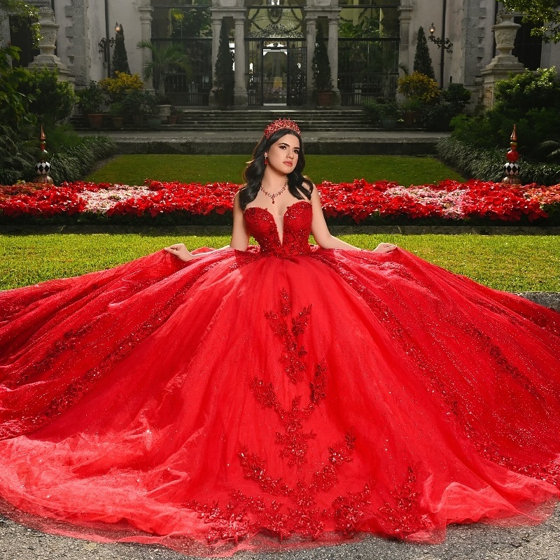 Red Shiny Princess Quinceanera Dresses Off Shoulder Beads Applique Lace Bow Tull Sweet 16 Dress Ball Gown Vestidos 15 Anos
