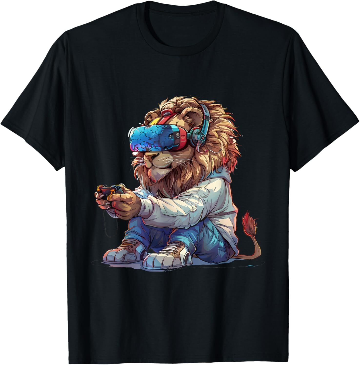 T shirt for Mens Gaming Animals- Lion Playing Console Video Games Graphic Tee Casual Tops Clothes Short sleeve