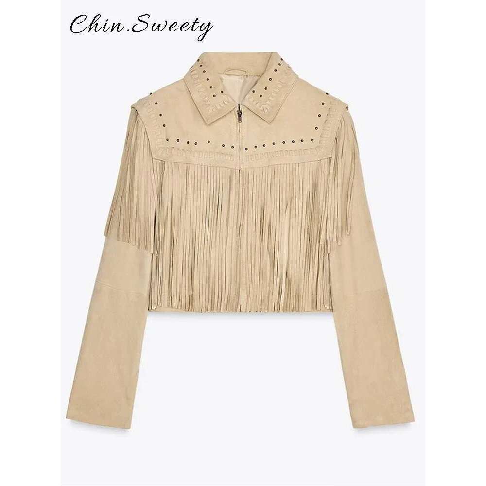 Casual Retro Tassels Rivet Short Jacket Women Solid Loose Lapel Long Sleeve Ziper Jackets 2025 Spring Lady High Street Coats New