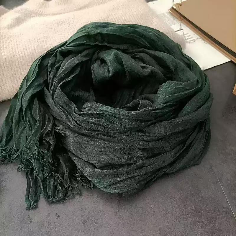 T457 Japanese cotton and linen all-match pleated sunscreen solid color scarf silk scarf retro casual literary shawl thin neck scarf