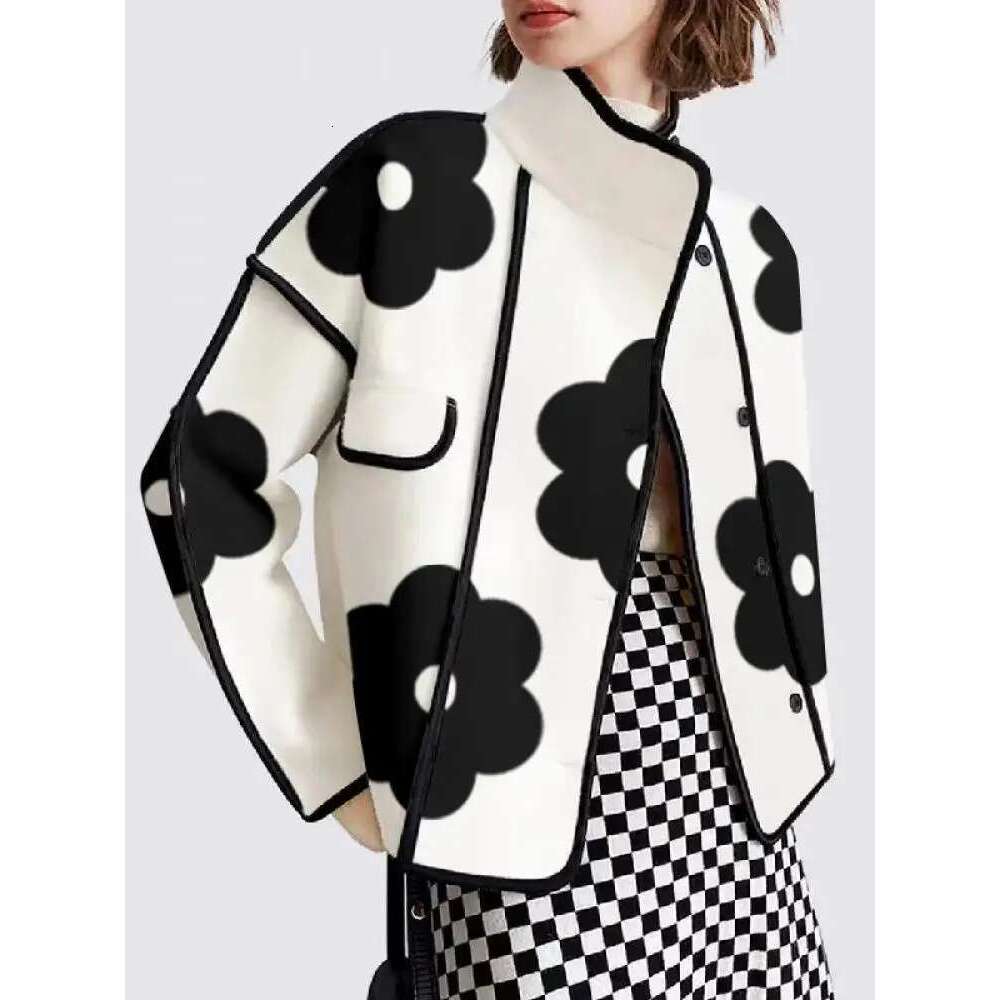 Yeezzi Women Spring Autumn Jackets Fashion Black Wer Print High-Neck Long Sleeves Buttoned Casual Outerwear Coats 2024 New
