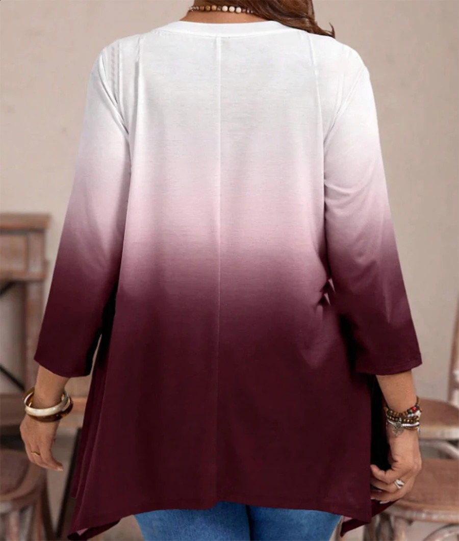 Size up gradient printed T-shirt suitable for womens casual round neck long sleeved top suitable for spring and autumn wear. 250410