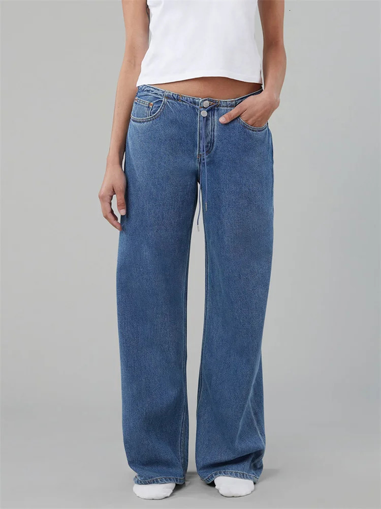 CHRONSTYLE Women Drawstring Jeans Loose Solid Color Low Waist Straight Leg Denim Pants Casual Long Trousers Out Going 251130