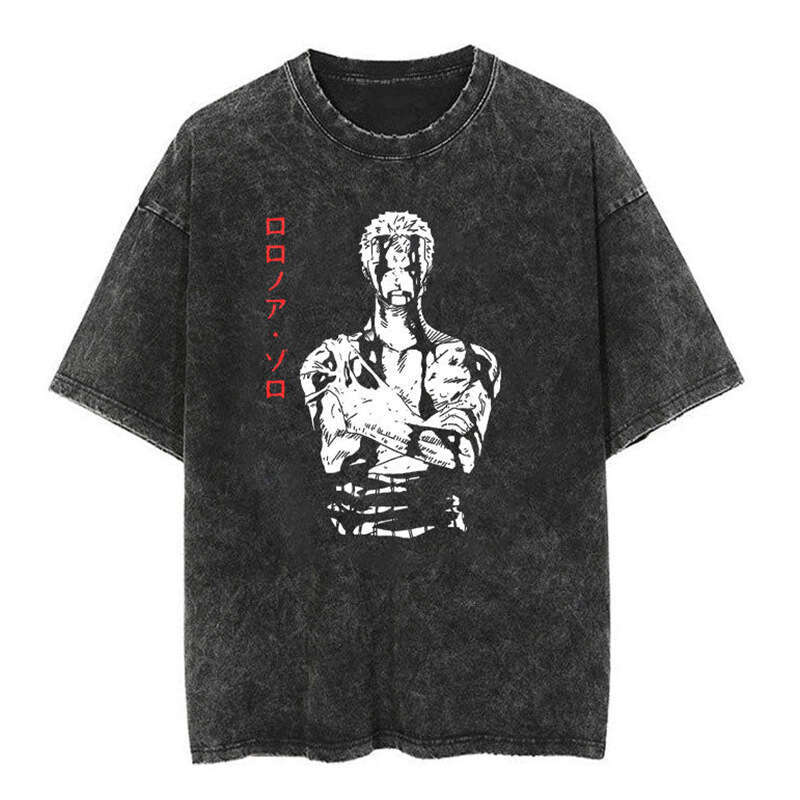 New Japanese classic One Piece Luffy anime oversize high street vintage washed wax printed short sleeved T-shirt