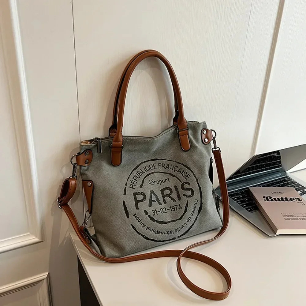 Large Retro Canvas Tote Bag Adjustable Shoulder Strap Vintage Paris Stamp Print Stylish Crossbody for Women 251110