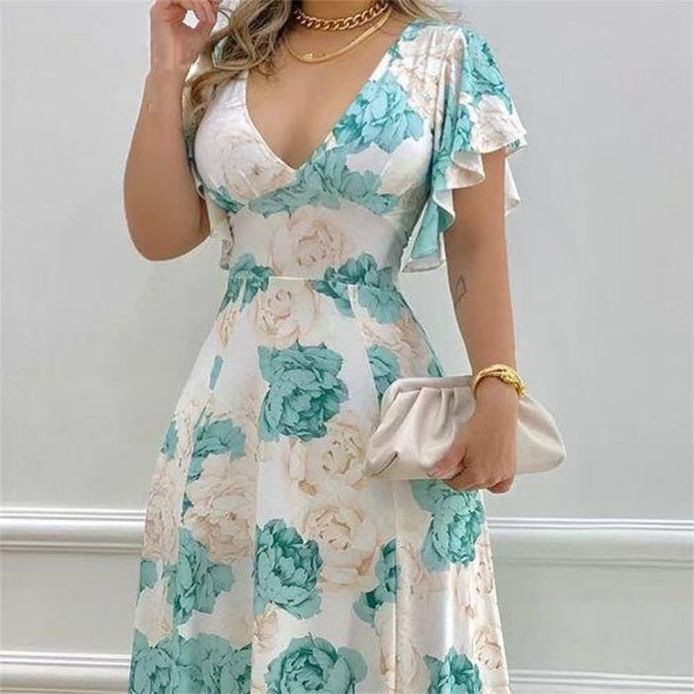 B48Women's Plus Size V-Neck Long Skirt with Print - Stylish Swing Dress