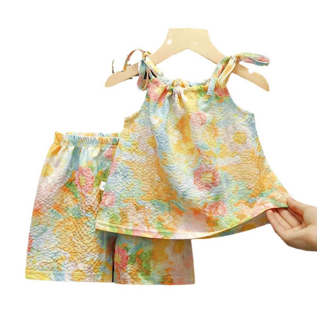 Childrens Girl 2-piece Fashion New Summer Sling Thin Top Loose Shorts Childrens Girl Cool SetXJ250410