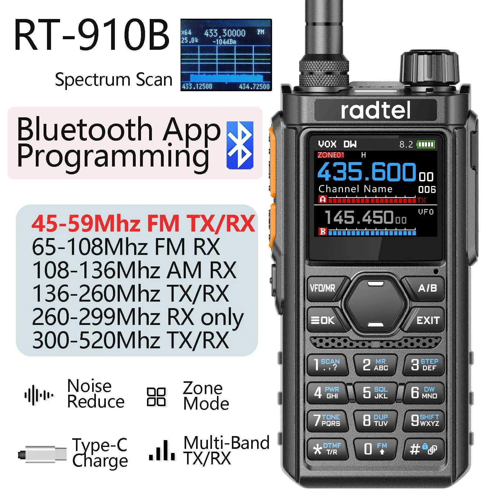 Radtel RT-910B 45-59Mhz TX RX Walkie Talkie 960 Channels AM/FM Air Band Type C Spectrum with Noise Reduction NOAA H251111