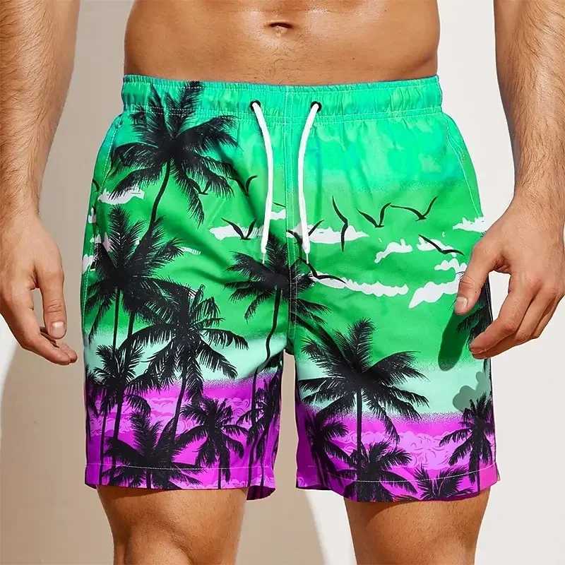 2025 Summer Oversized Casual Mens Drawstring Shorts Quick Dry Hawaii Holiday Sports Swimming Trunks Coconut Tree Printed ShortsW250410