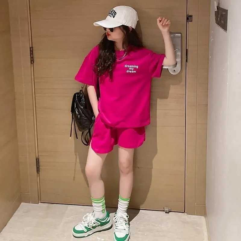 Girls Summer Set 2023 New Childrens Clothing Set Big Girls Short sleeved T-shirt Korean Leisure Sports Two piece SetXJ250410