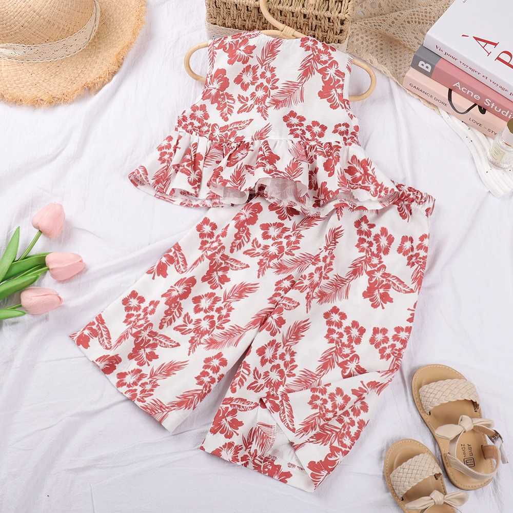 Summer new womens sleeveless printed shirt+wide leg pants set retro floral sleeves two-piece womens clothingXJ250410