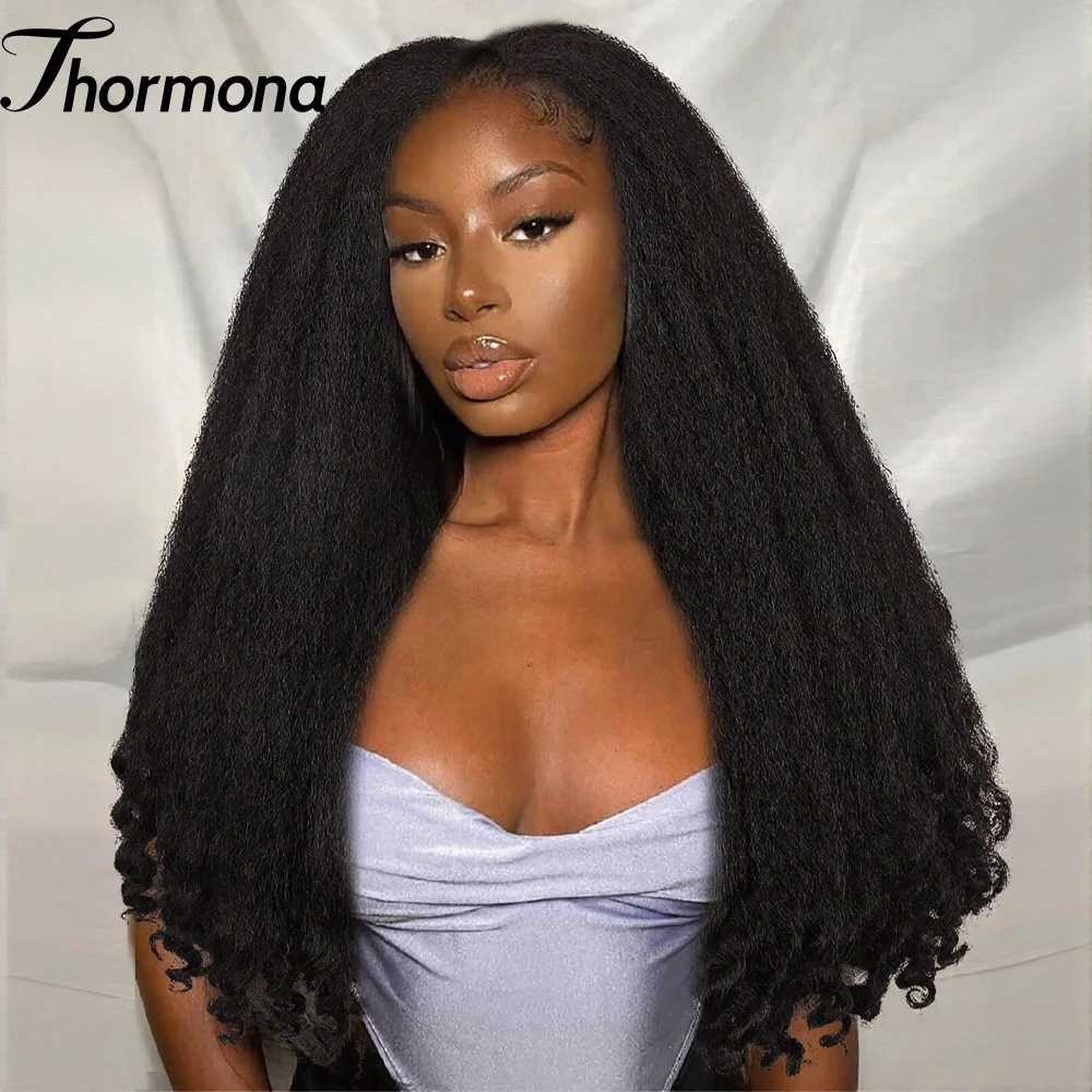 Synthetic Curly Lace Front Wig Dark Brown Fluffy Kinky Straight with Curly Ends 13X6 Lace Frontal Hair Wigs for Black WomenT251111