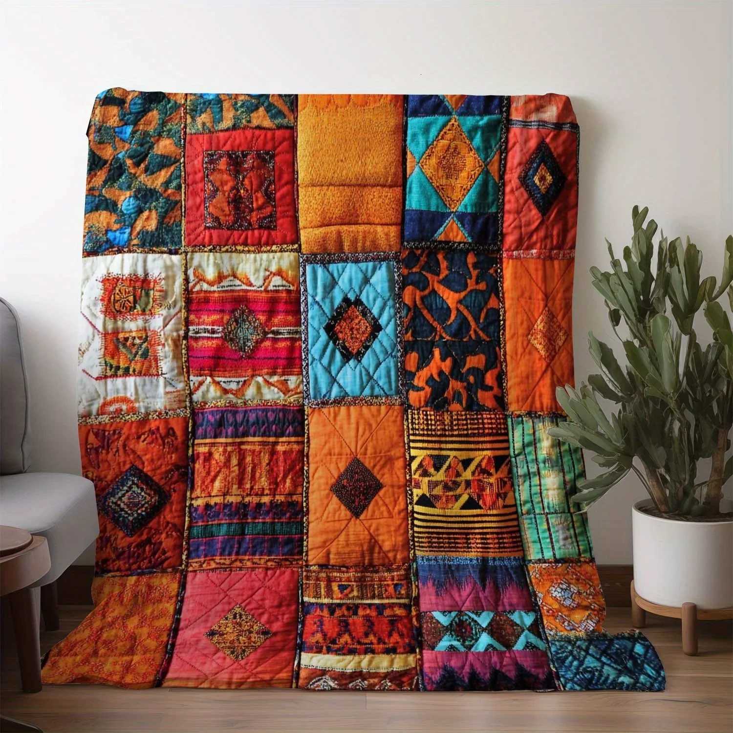 Bohemian patchwork geometric pattern print blanket warm and cozy soft blanket for sofa bed couch car office camping travel gif C251111